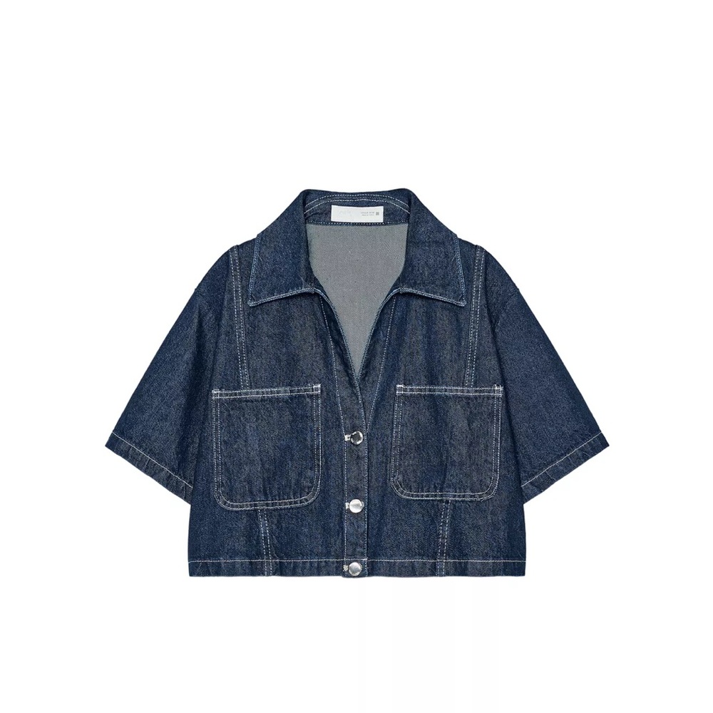 Zara Dark Blue Cropped Denim Short-Sleeve Button-Up Shirt